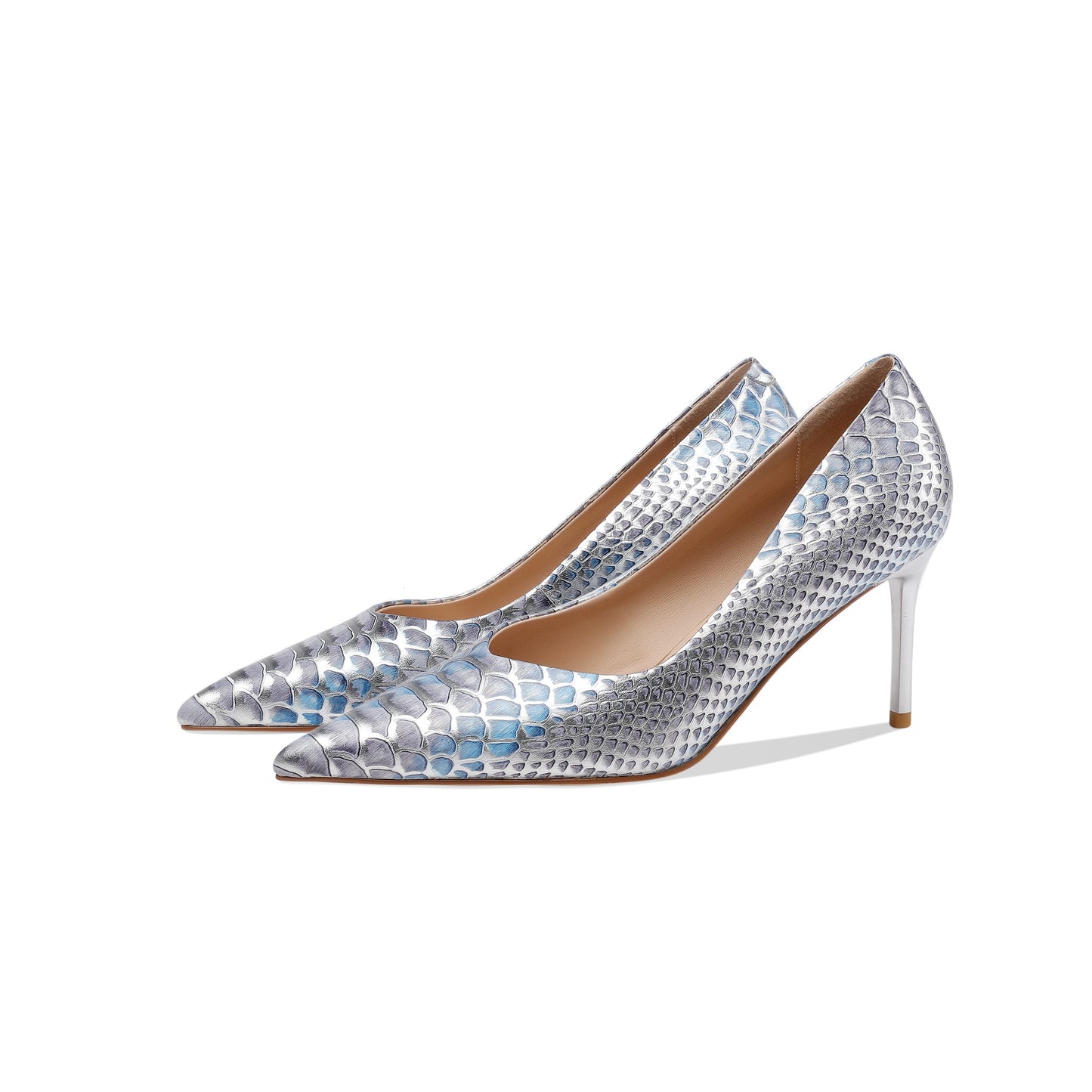 Nine Seven Women's Handmade Snakeskin Leather Stiletto Heel Pointed Toe Sexy Silver Dressy Pumps