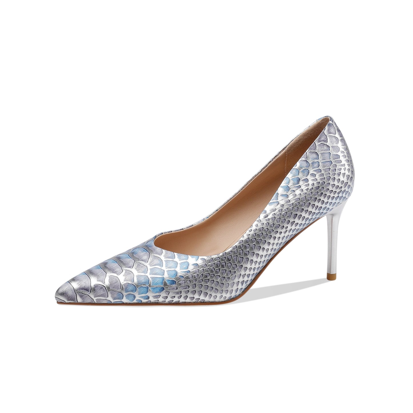 Nine Seven Women's Handmade Snakeskin Leather Stiletto Heel Pointed Toe Sexy Silver Dressy Pumps