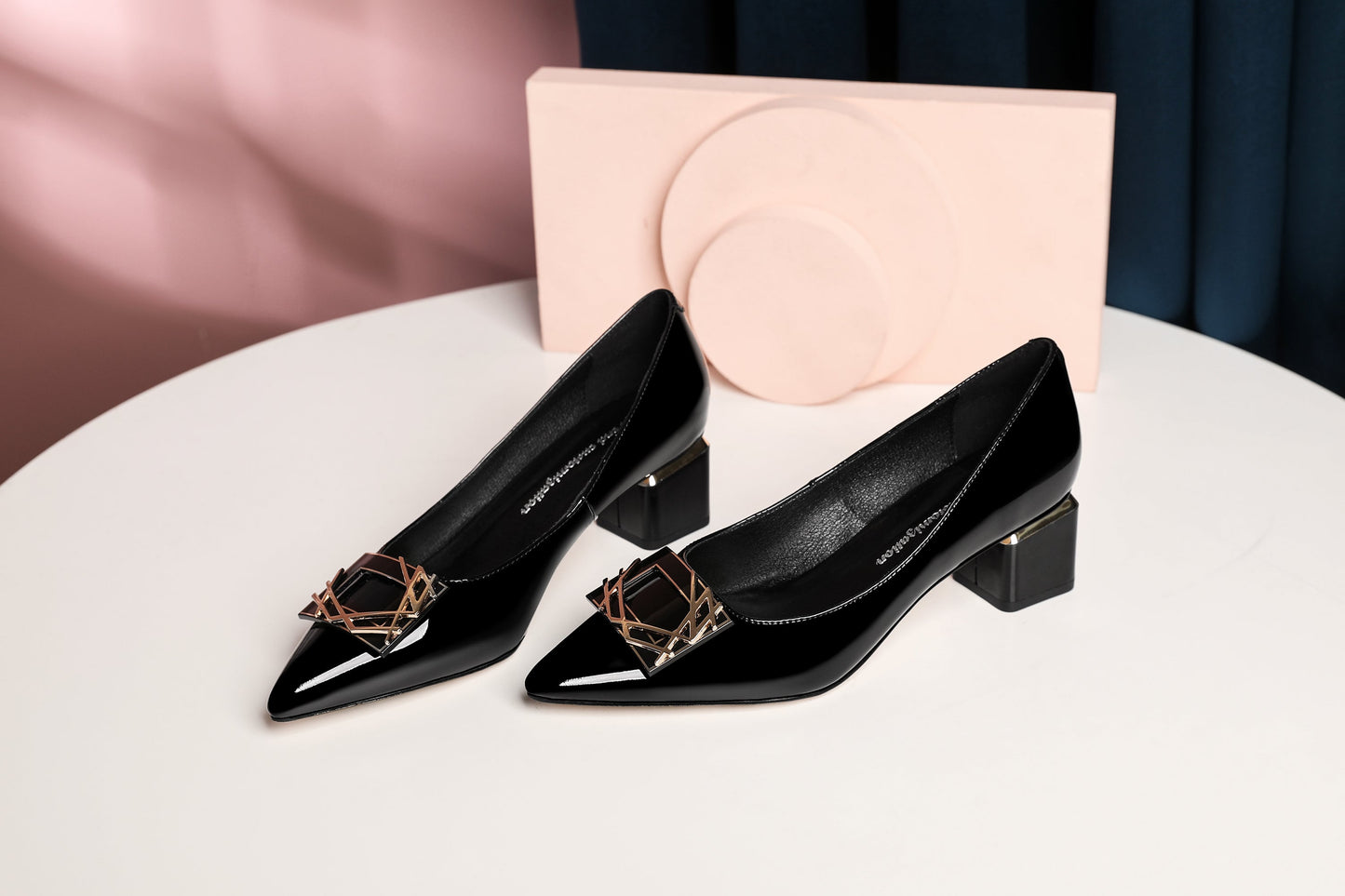 Nine Seven Women's Glossy Patent Leather Handmade Clear Pointed Toe Low Block Heel Slip On Pump Shoes with Trendy Square Pattern