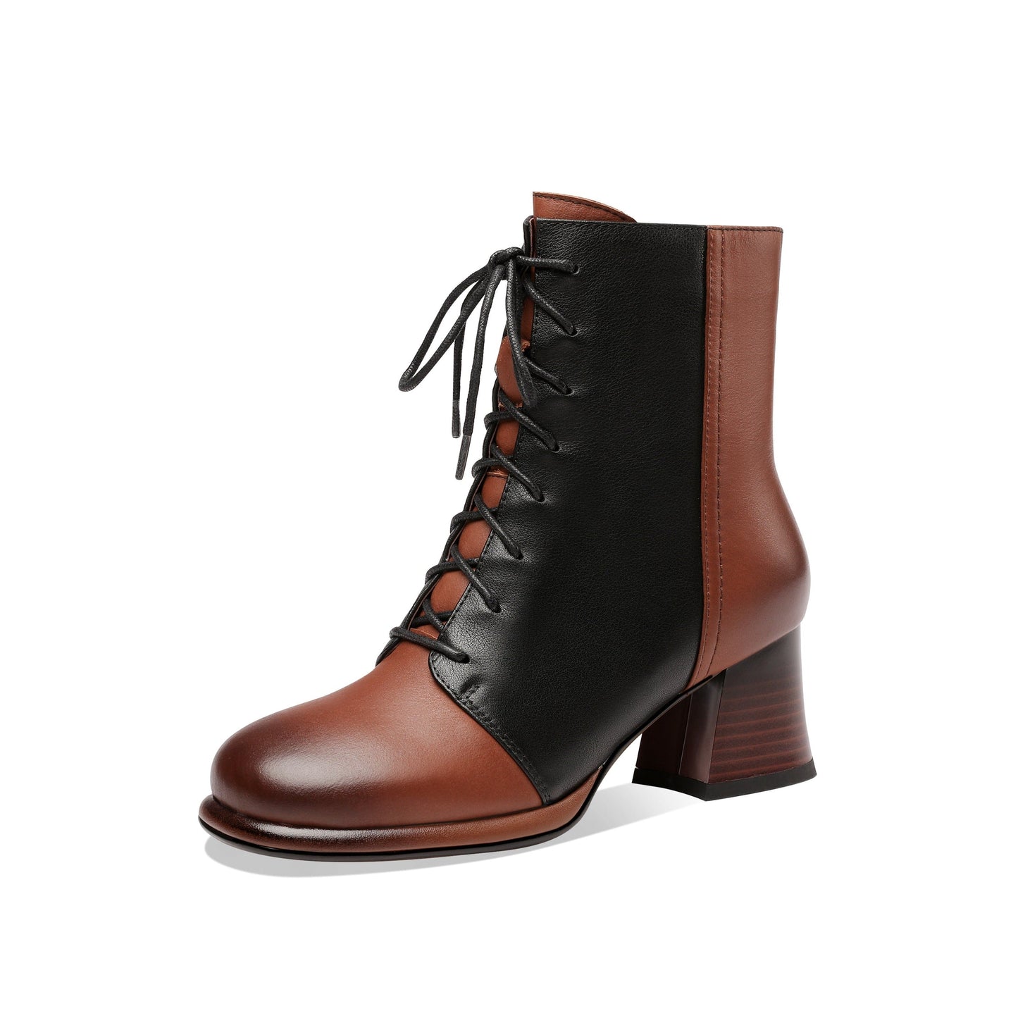 Nine Seven Women's Genuine Leather Assort Colors Round Toe Handmade Laces Side Zipper Retro Booties with Chunky Heels