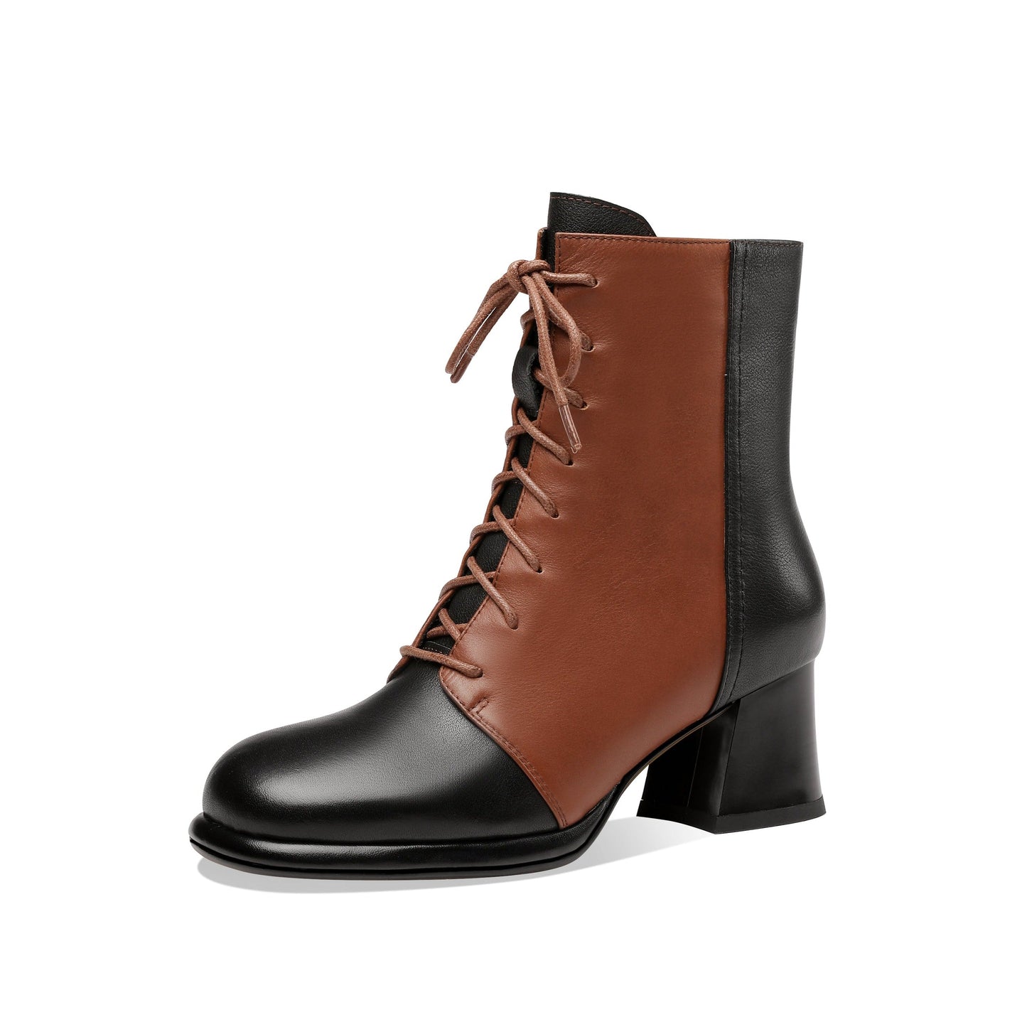 Nine Seven Women's Genuine Leather Assort Colors Round Toe Handmade Laces Side Zipper Retro Booties with Chunky Heels