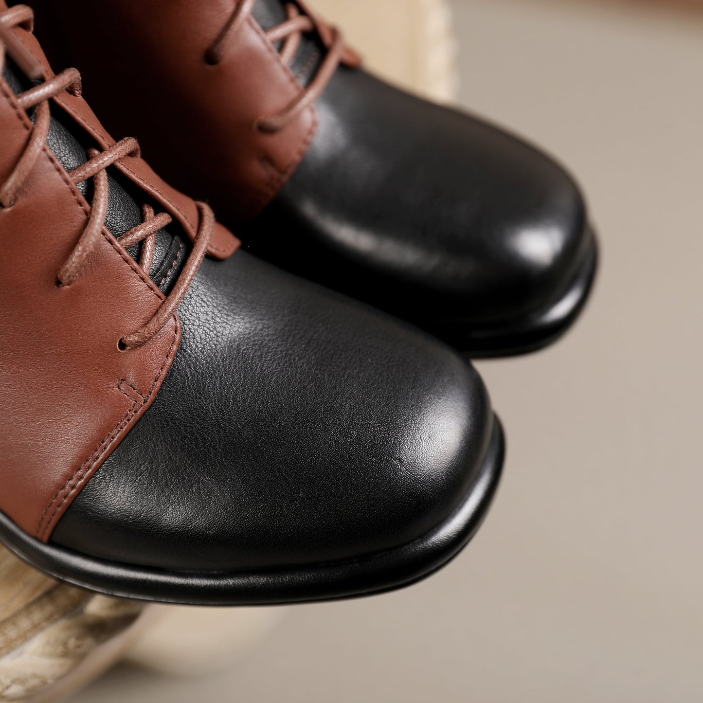 Nine Seven Women's Genuine Leather Assort Colors Round Toe Handmade Laces Side Zipper Retro Booties with Chunky Heels