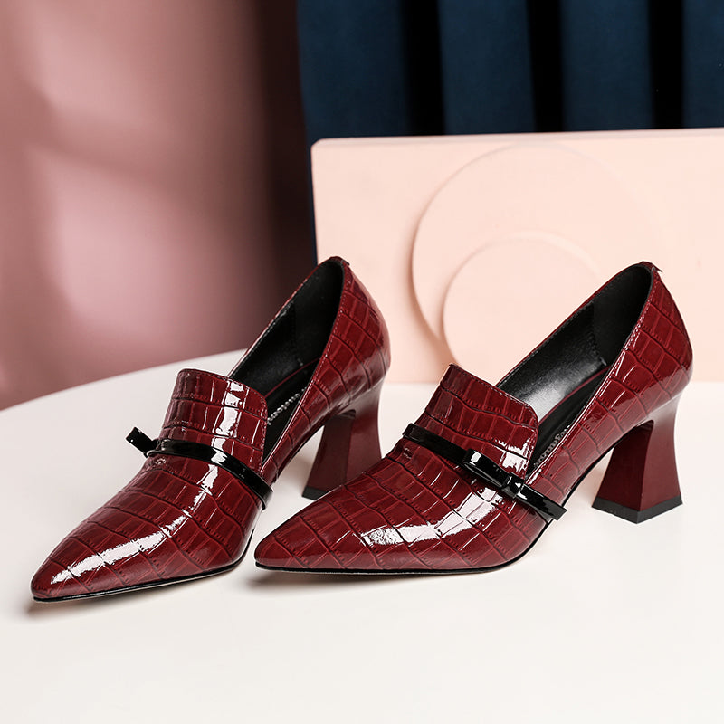 Nine Seven Embossed Patent Leather Handmade Women's Mid Spool Heel Pointed Toe Slip On Modern Pump Shoes with Bowtie