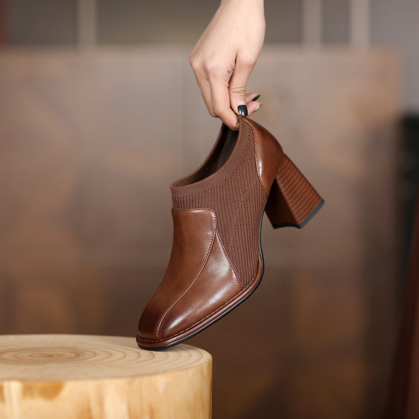 Nine Seven Women's Square Toe Genuine Leather & Woolen Handmade Mid Chunky Heels Casual Shoes