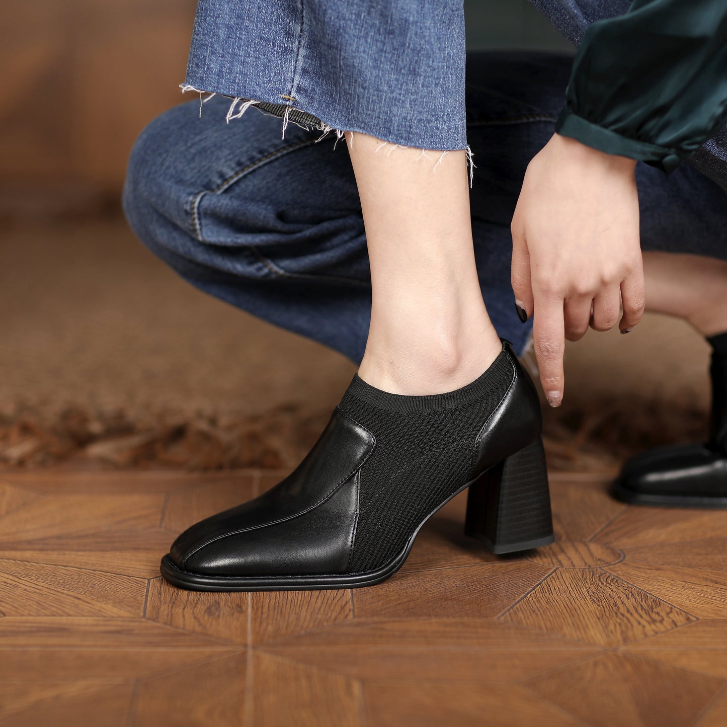 Nine Seven Women's Square Toe Genuine Leather & Woolen Handmade Mid Chunky Heels Casual Shoes