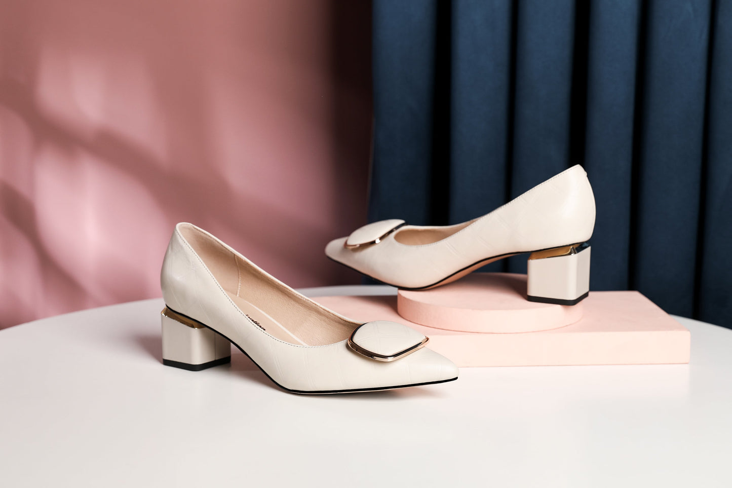 Nine Seven Genuine Leather Handmade Women's Low Block Heel Pointed Toe Graceful Pump Shoes