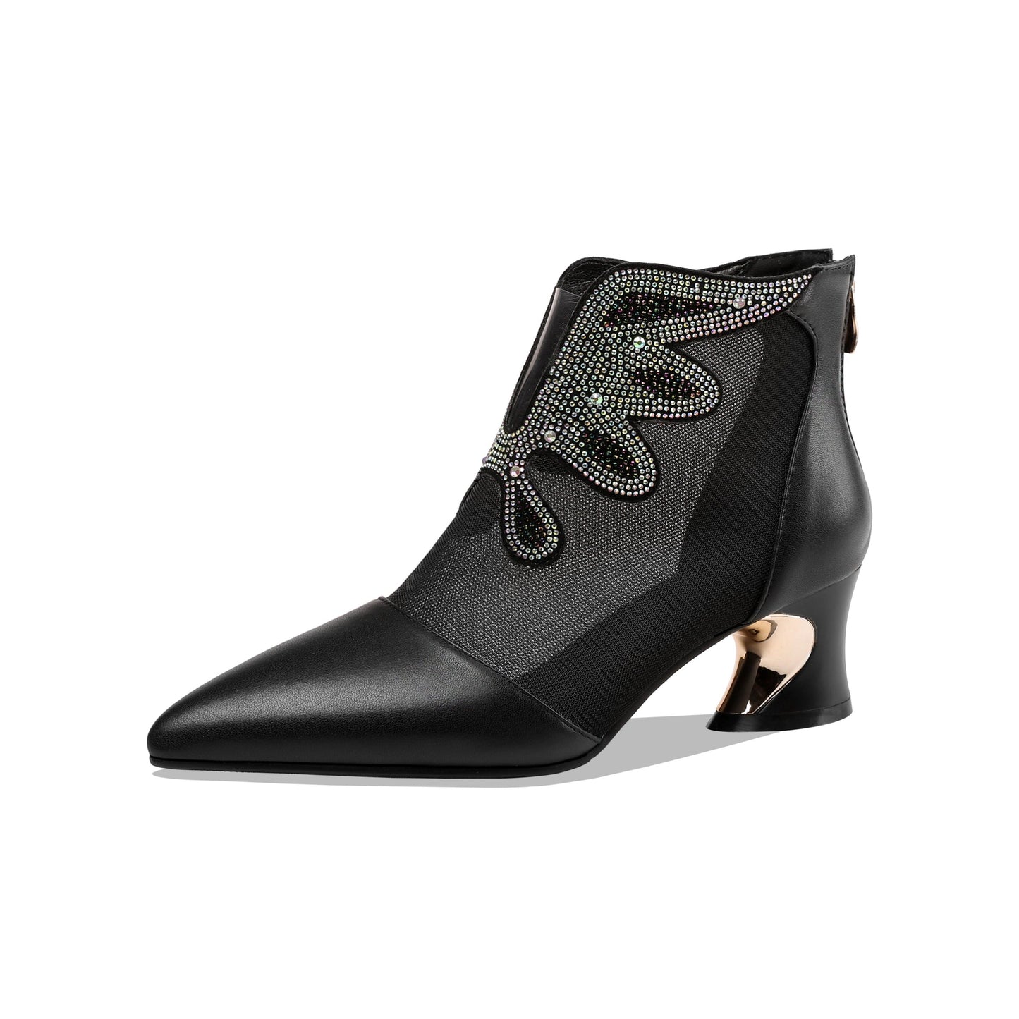 Nine Seven Women's Handmade Genuine Leather and Mesh Back Zip Up Glitter Decor Chuncky Heel Summer Boots