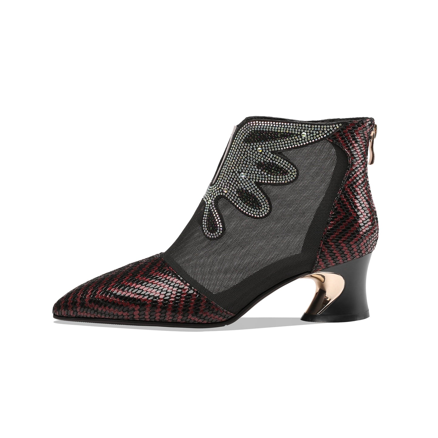 Nine Seven Women's Handmade Genuine Leather and Mesh Back Zip Up Glitter Decor Chuncky Heel Summer Boots