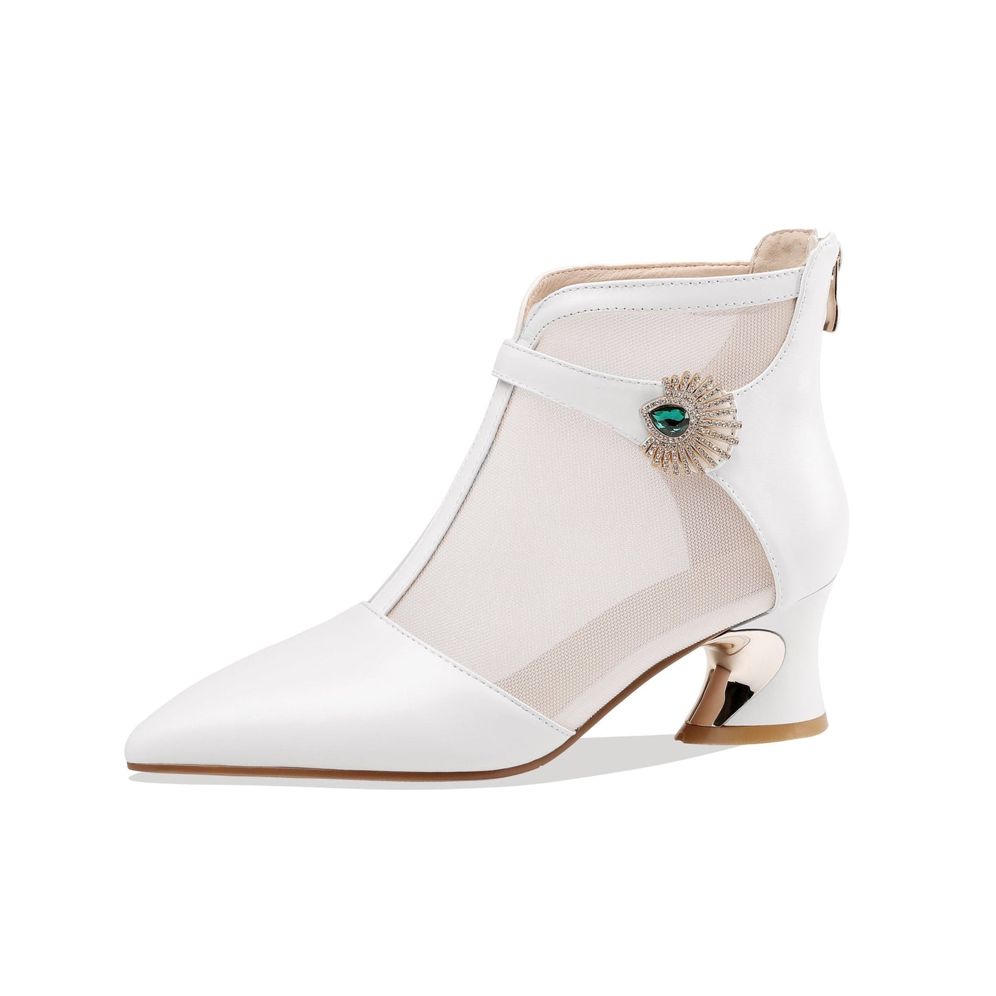 Nine Seven Women's Genuine Leather and Mesh Handmade Spool Heel Zip Up Crystal Decor Stylish Ankle Boots