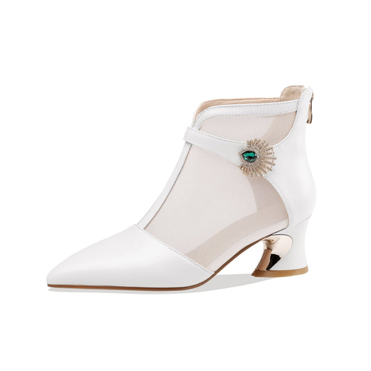 Nine Seven Women's Genuine Leather and Mesh Handmade Spool Heel Zip Up Crystal Decor Stylish Ankle Boots