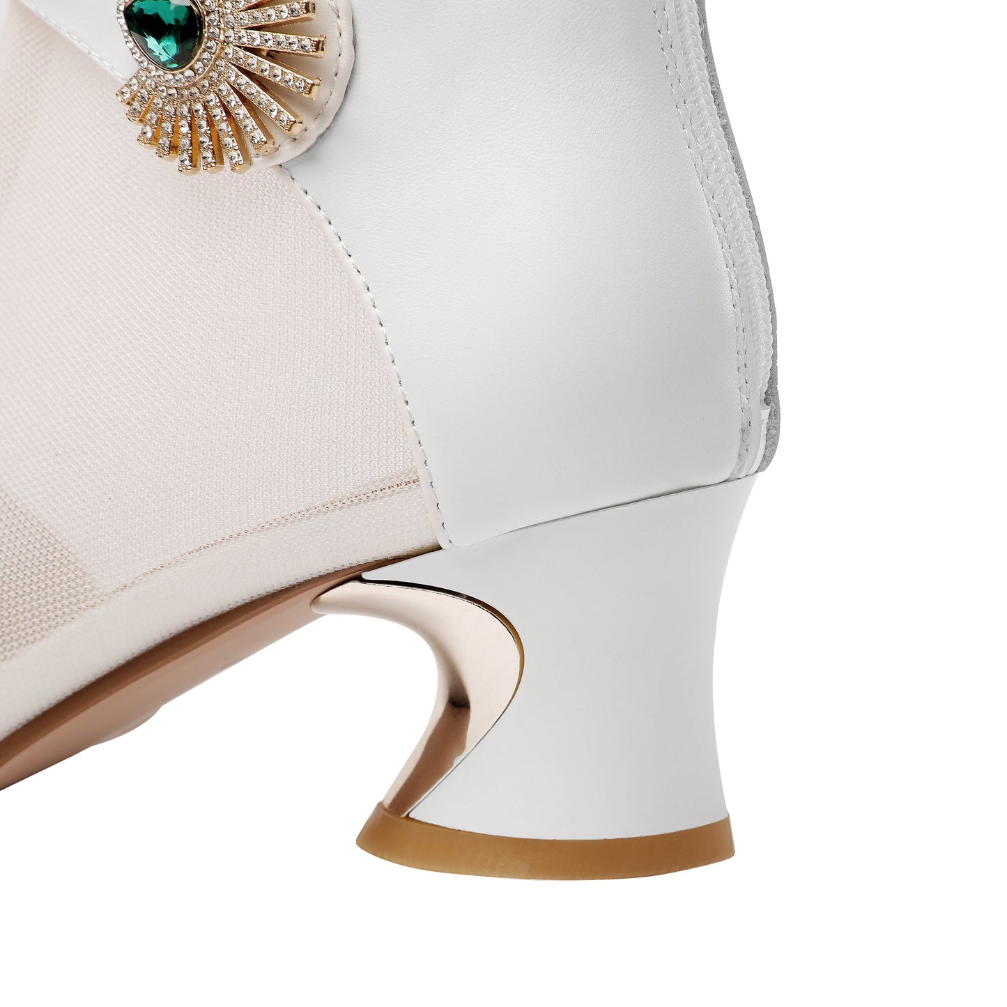 Nine Seven Women's Genuine Leather and Mesh Handmade Spool Heel Zip Up Crystal Decor Stylish Ankle Boots