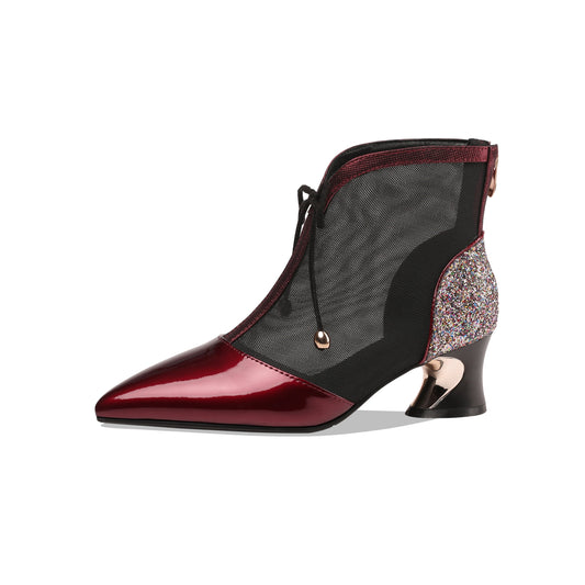 Nine Seven Women's Handmade Glossy Patent Leather and Mesh Spool Heel Back Zip Pointy Toe Summer Ankle Boots with Bowtie