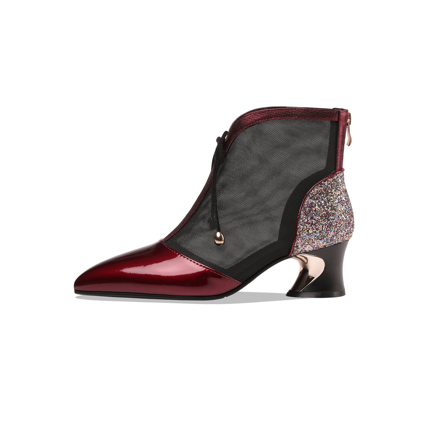 Nine Seven Women's Handmade Glossy Patent Leather and Mesh Spool Heel Back Zip Pointy Toe Summer Ankle Boots with Bowtie