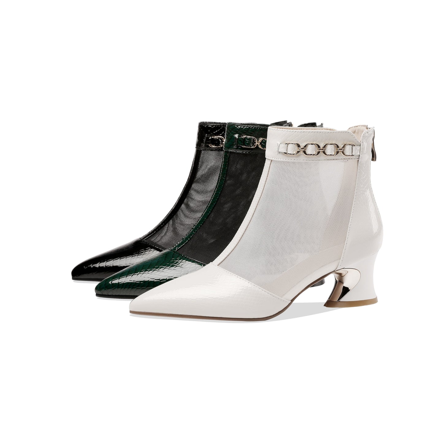 Nine Seven Genuine Leather and Mesh Women's Handmade Back Zip Pointed Toe Summer Ankle Boots