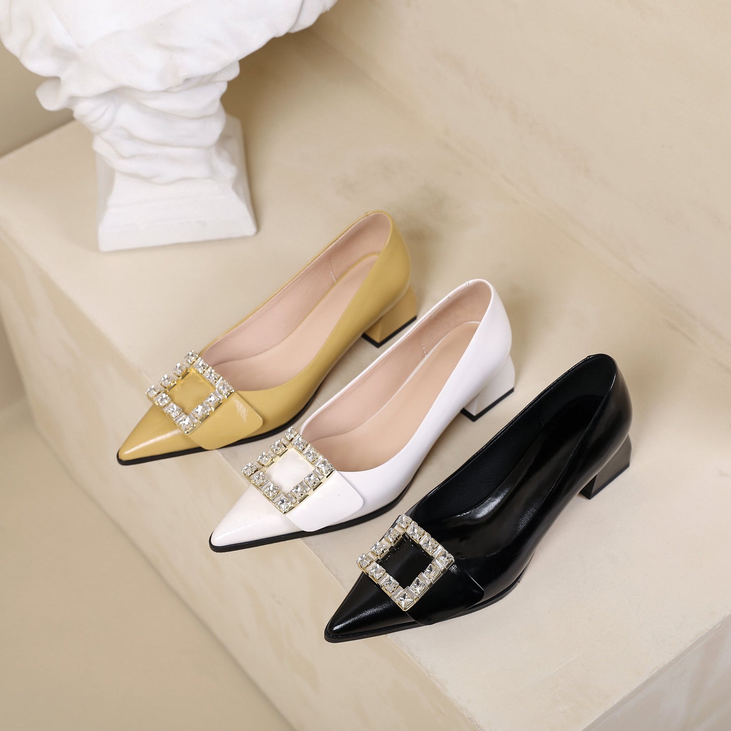 Nine Seven Women's Pointed Toe Patent Leather Delicate Buckle Handmade Low Chunky Heels Casual Shoes