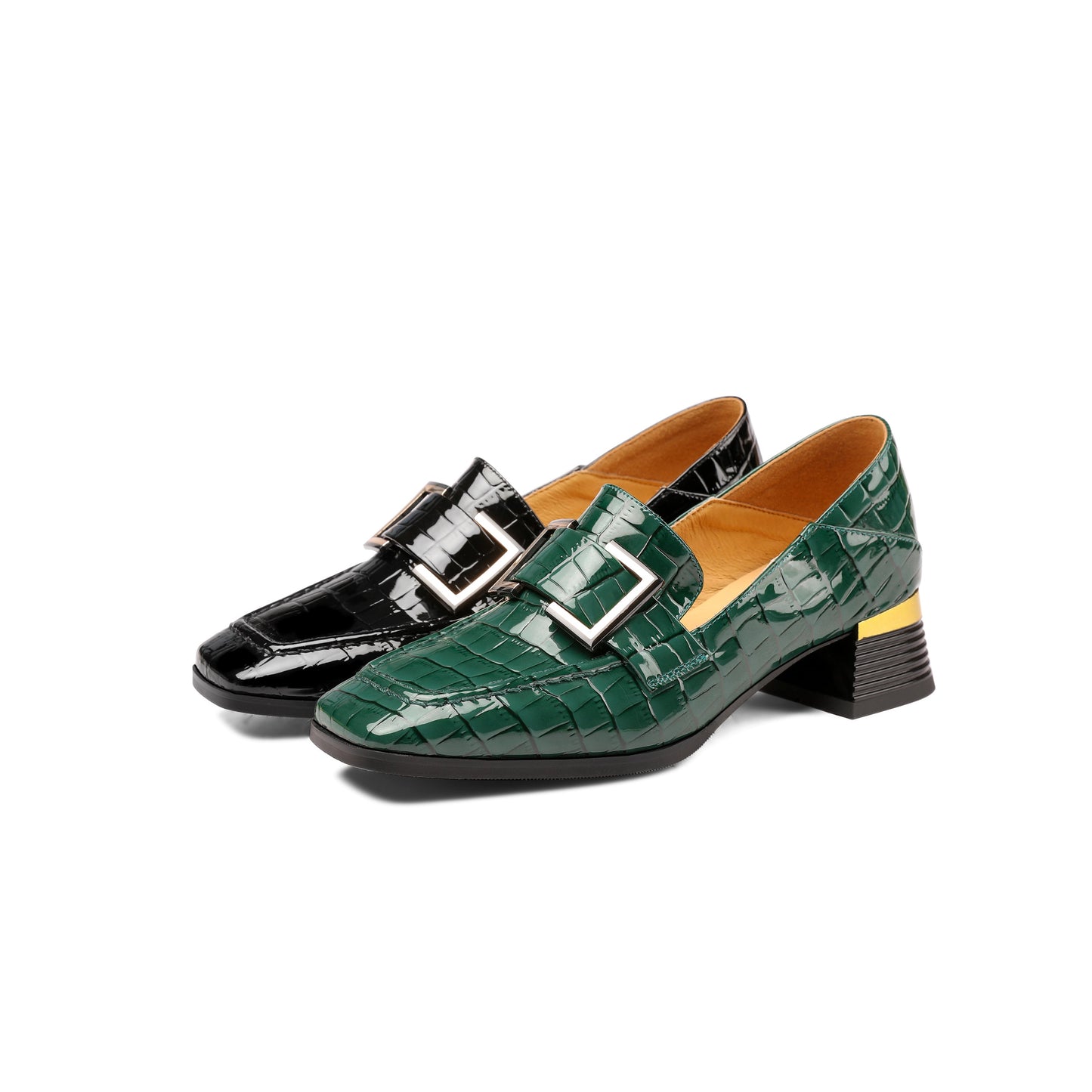 Nine Seven Women's Patent Leather Square Toe Handmade Buckled Casual Loafers Shoes with Low Chunky Heels