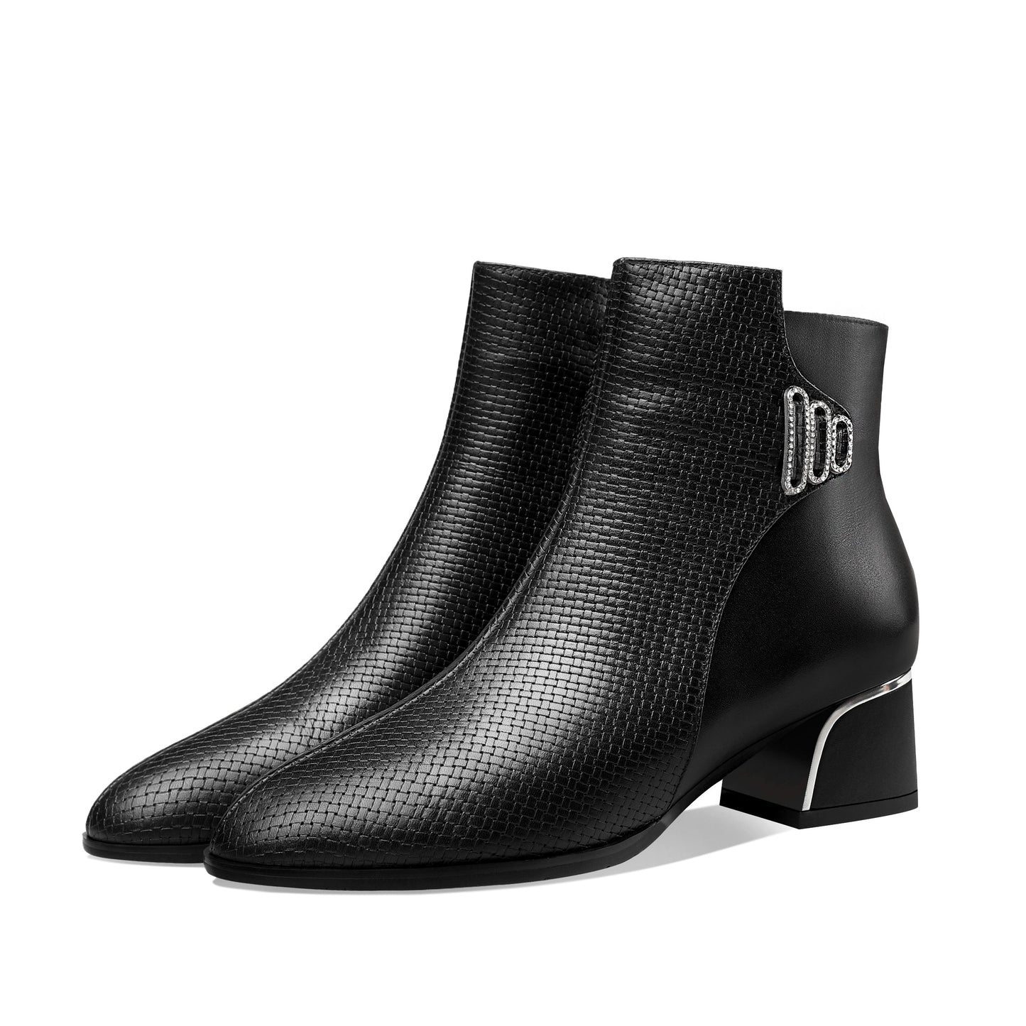 Nine Seven Women's Genuine Leather Handmade Round Toe Side Zipper Graceful Ankle Boots with Low Chunky Heel