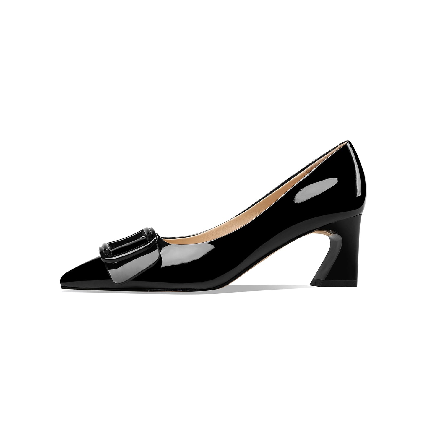 Nine Seven Handmade Women's Clossy Patent Leather Mid Spool Heel Pointed Toe Slip On Modern Pumps with Square Buckle Pattern