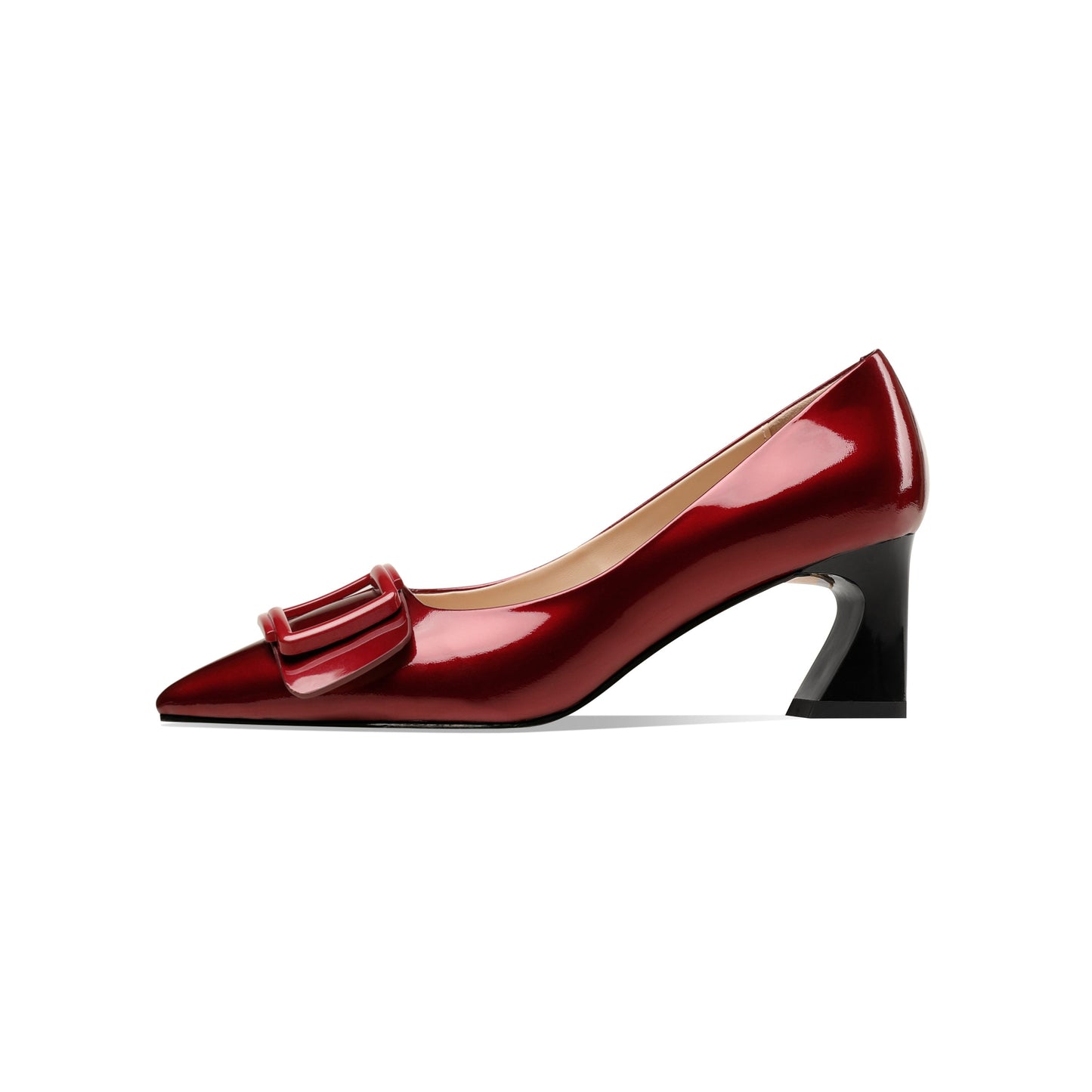 Nine Seven Handmade Women's Clossy Patent Leather Mid Spool Heel Pointed Toe Slip On Modern Pumps with Square Buckle Pattern