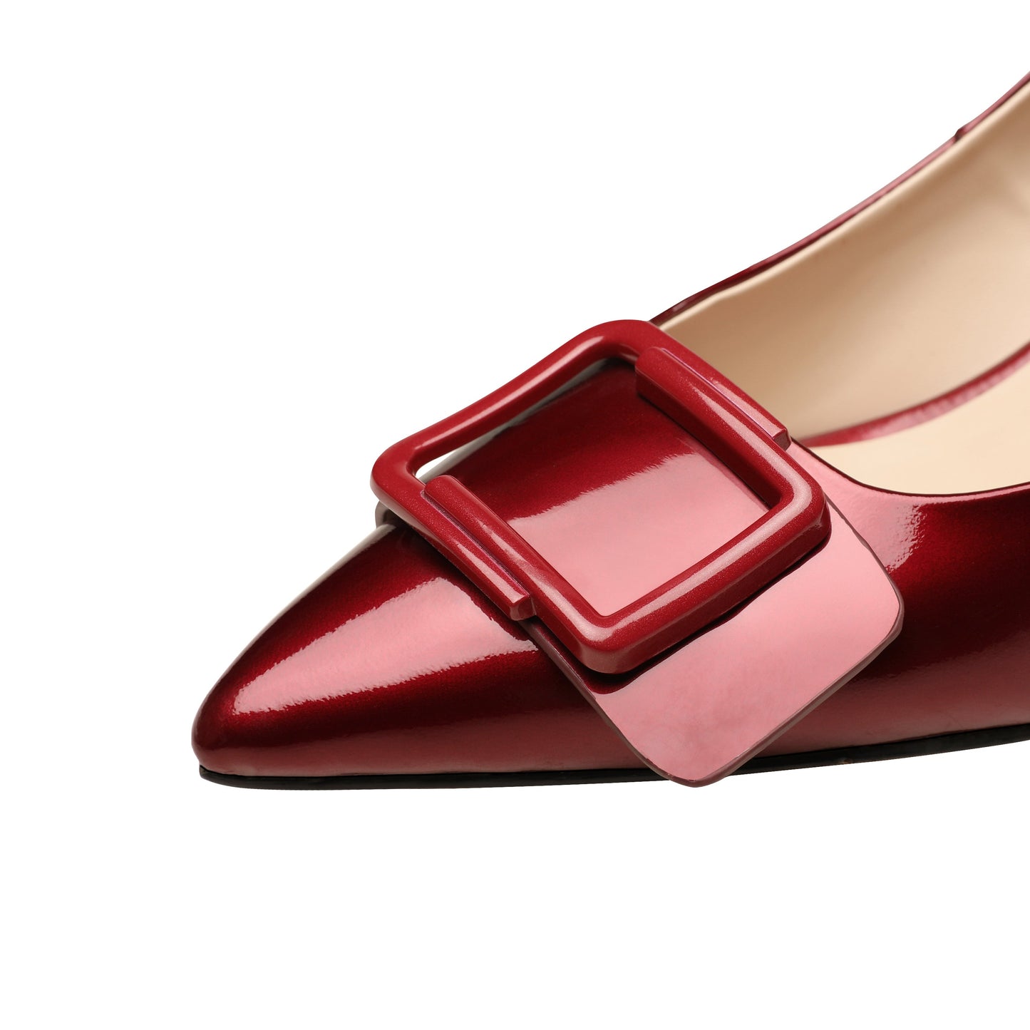 Nine Seven Handmade Women's Clossy Patent Leather Mid Spool Heel Pointed Toe Slip On Modern Pumps with Square Buckle Pattern
