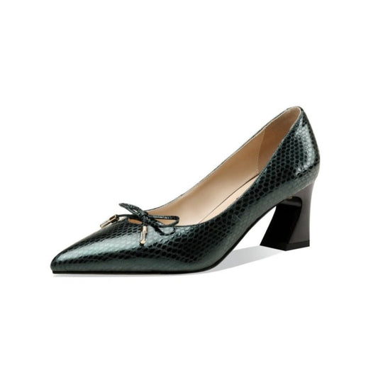 Nine Seven Handmade Women's Embossed Genuine Leather Cute Bowtie Mid Spool Heel Pointed Toe Elegant Pumps