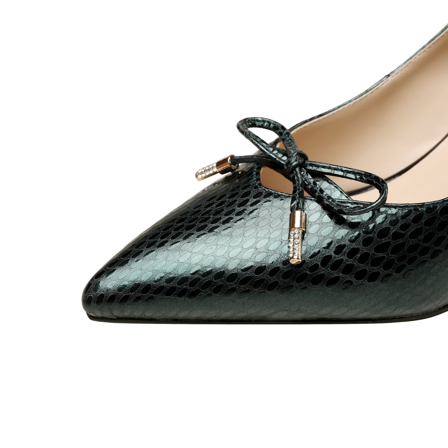 Nine Seven Handmade Women's Embossed Genuine Leather Cute Bowtie Mid Spool Heel Pointed Toe Elegant Pumps