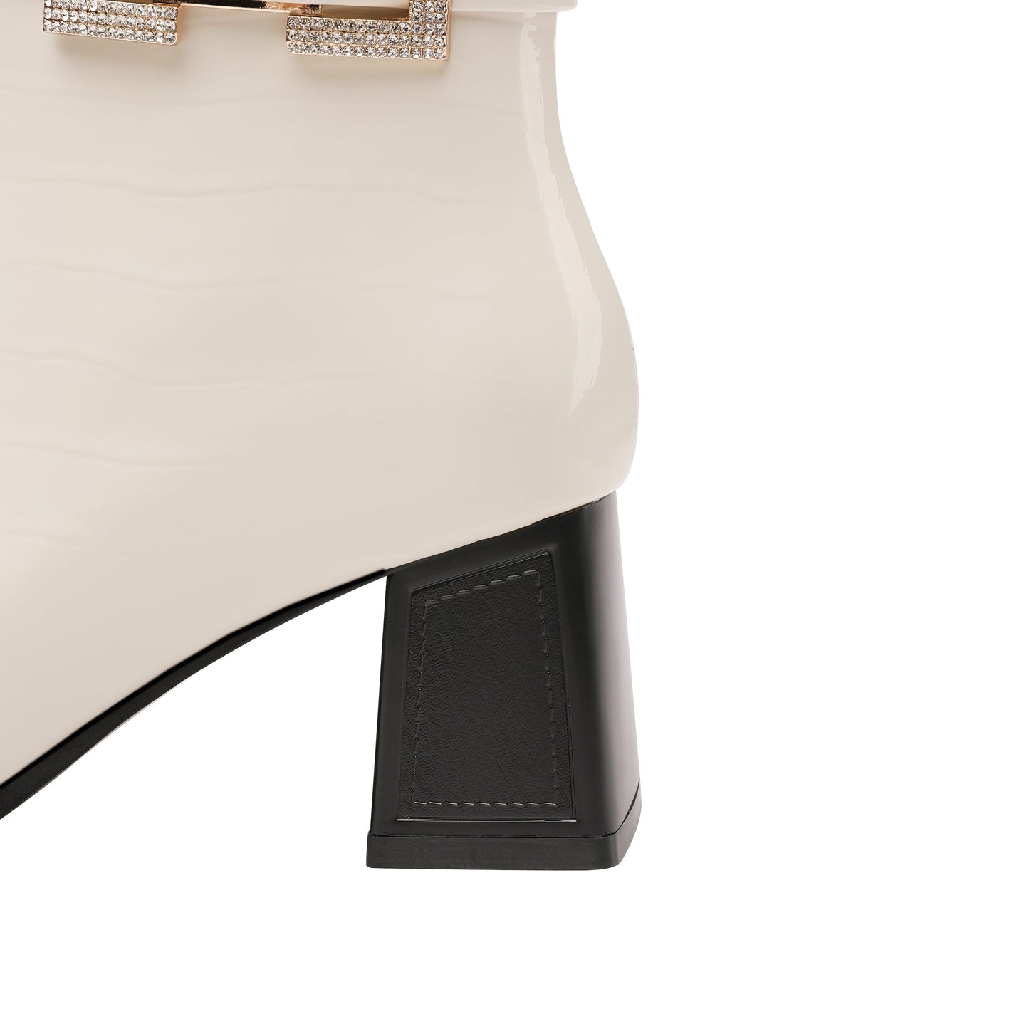 Nine Seven Women's Handmade Checkered Patent Leather Comfortable Block Heel Side Zip Up Glitter Buckle Design Chic Dress Boots