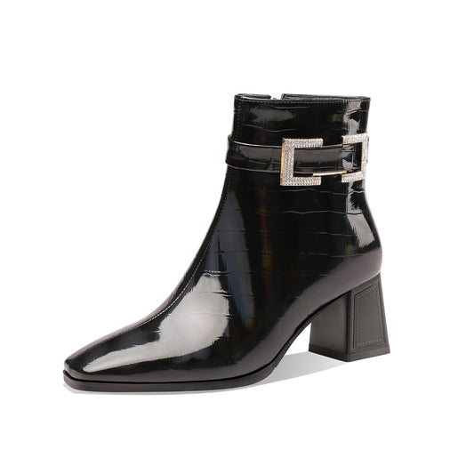 Nine Seven Women's Handmade Checkered Patent Leather Comfortable Block Heel Side Zip Up Glitter Buckle Design Chic Dress Boots
