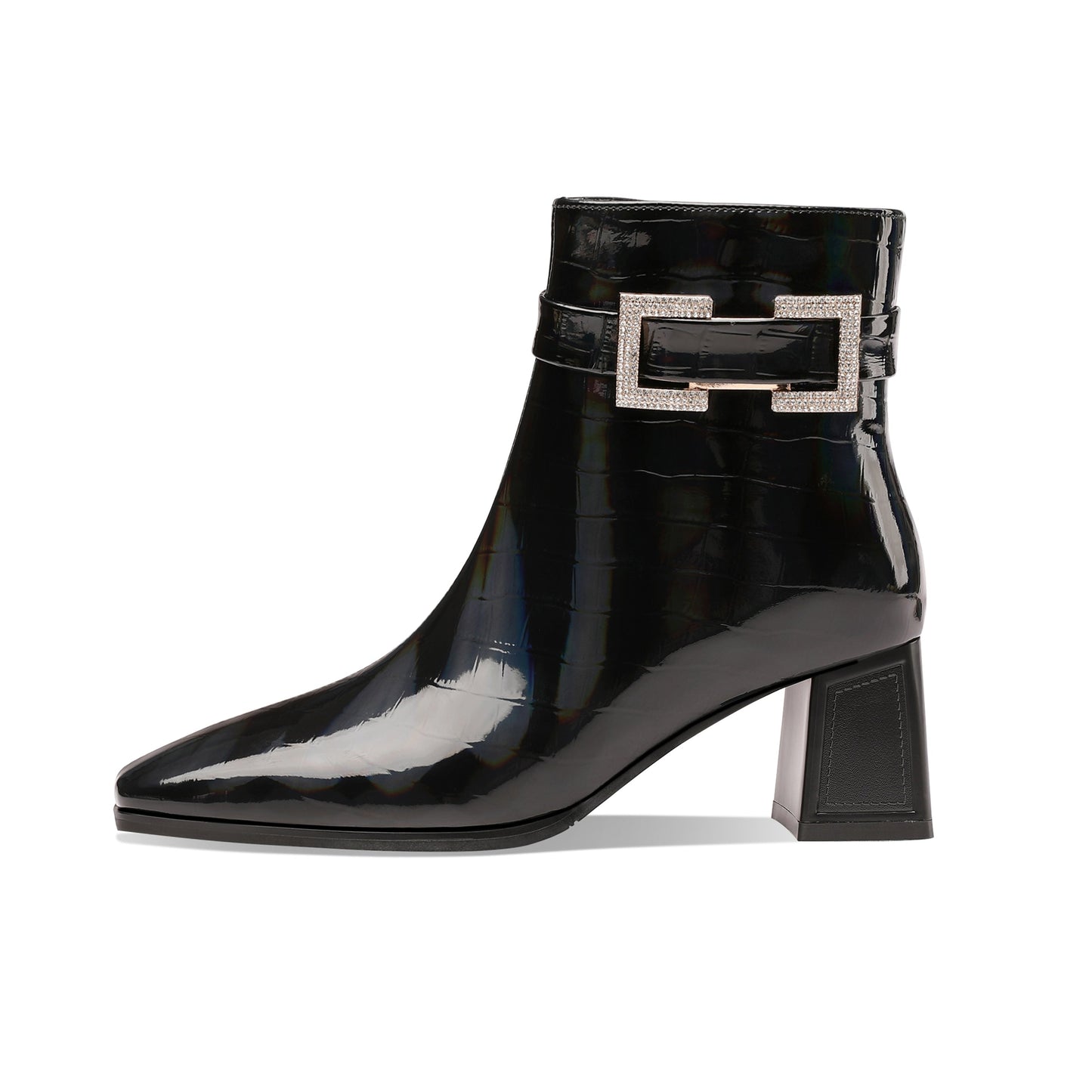 Nine Seven Women's Handmade Checkered Patent Leather Comfortable Block Heel Side Zip Up Glitter Buckle Design Chic Dress Boots