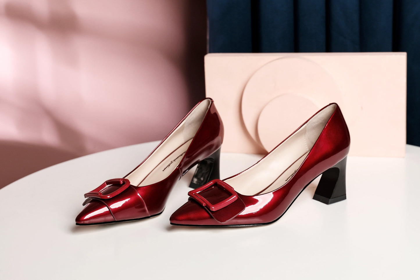 Nine Seven Handmade Women's Clossy Patent Leather Mid Spool Heel Pointed Toe Slip On Modern Pumps with Square Buckle Pattern