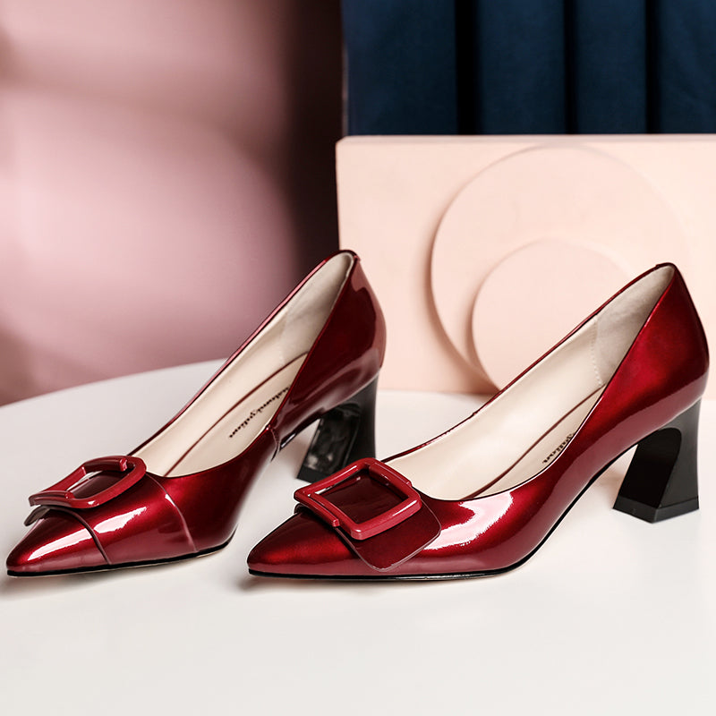 Nine Seven Handmade Women's Clossy Patent Leather Mid Spool Heel Pointed Toe Slip On Modern Pumps with Square Buckle Pattern