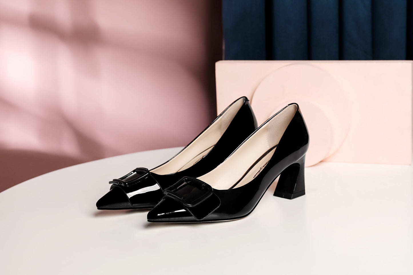 Nine Seven Handmade Women's Clossy Patent Leather Mid Spool Heel Pointed Toe Slip On Modern Pumps with Square Buckle Pattern