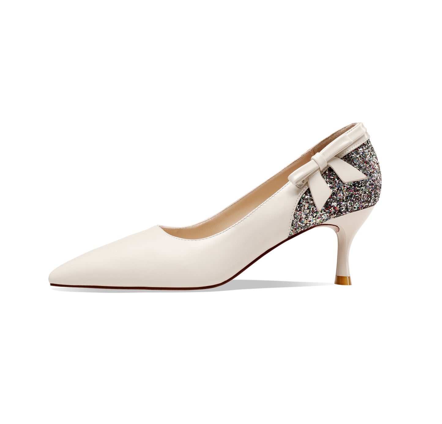 Nine Seven Women's Handmade Glossy Patent Leather Pointed Toe Mid Stiletto Heel Slip On Glitter Pumps with Bowtie