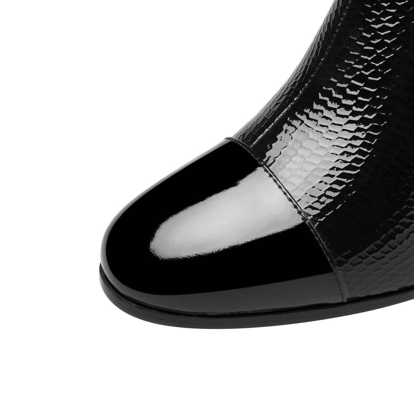 Nine Seven Handmade Women's Patent Leather Side Zip Up Block Heel Cap-Toe Black Mid-Calf Boots with Chic Metal Pattern