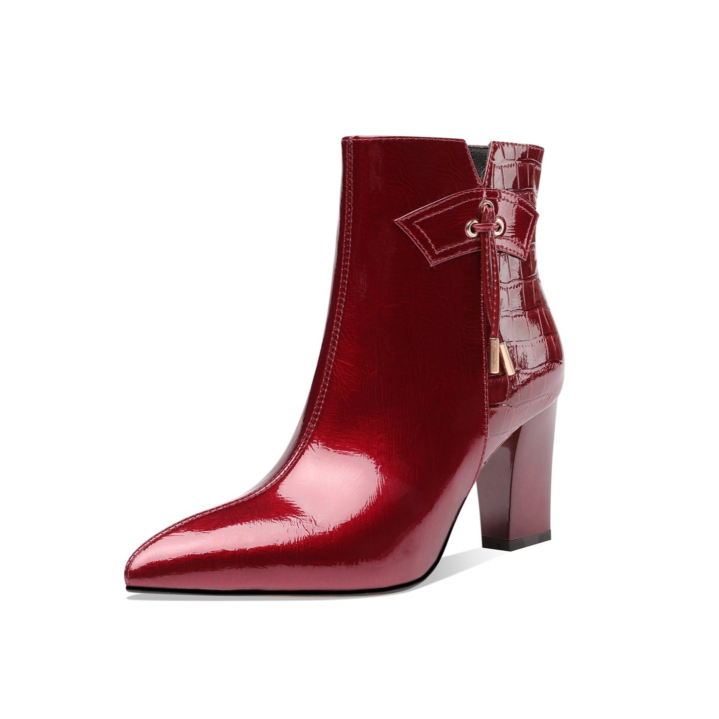 Nine Seven Women's Patent Leather Handmade Chunky Heel Pointed Toe Side Zip Up Glossy Ankle Booties