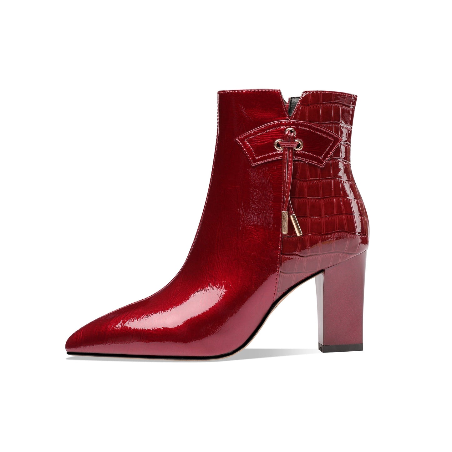 Nine Seven Women's Patent Leather Handmade Chunky Heel Pointed Toe Side Zip Up Glossy Ankle Booties