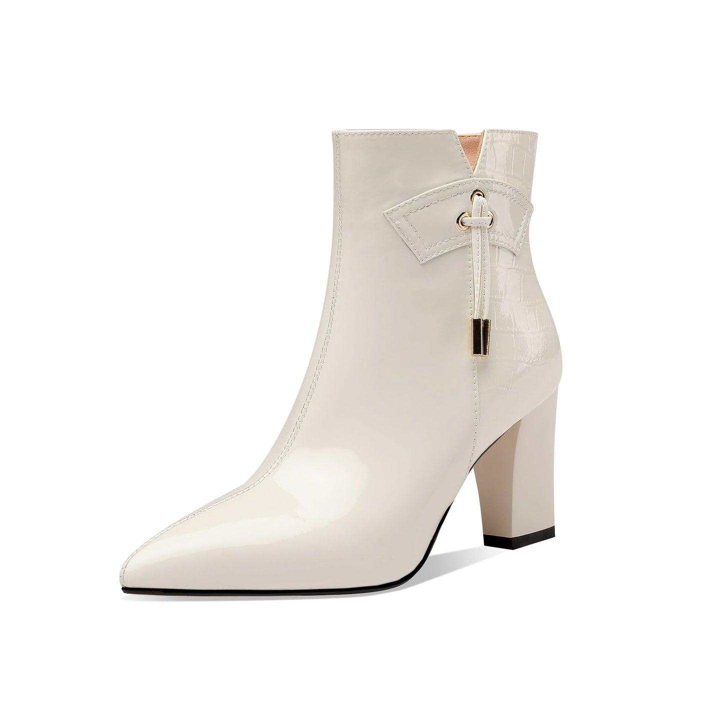 Nine Seven Women's Patent Leather Handmade Chunky Heel Pointed Toe Side Zip Up Glossy Ankle Booties