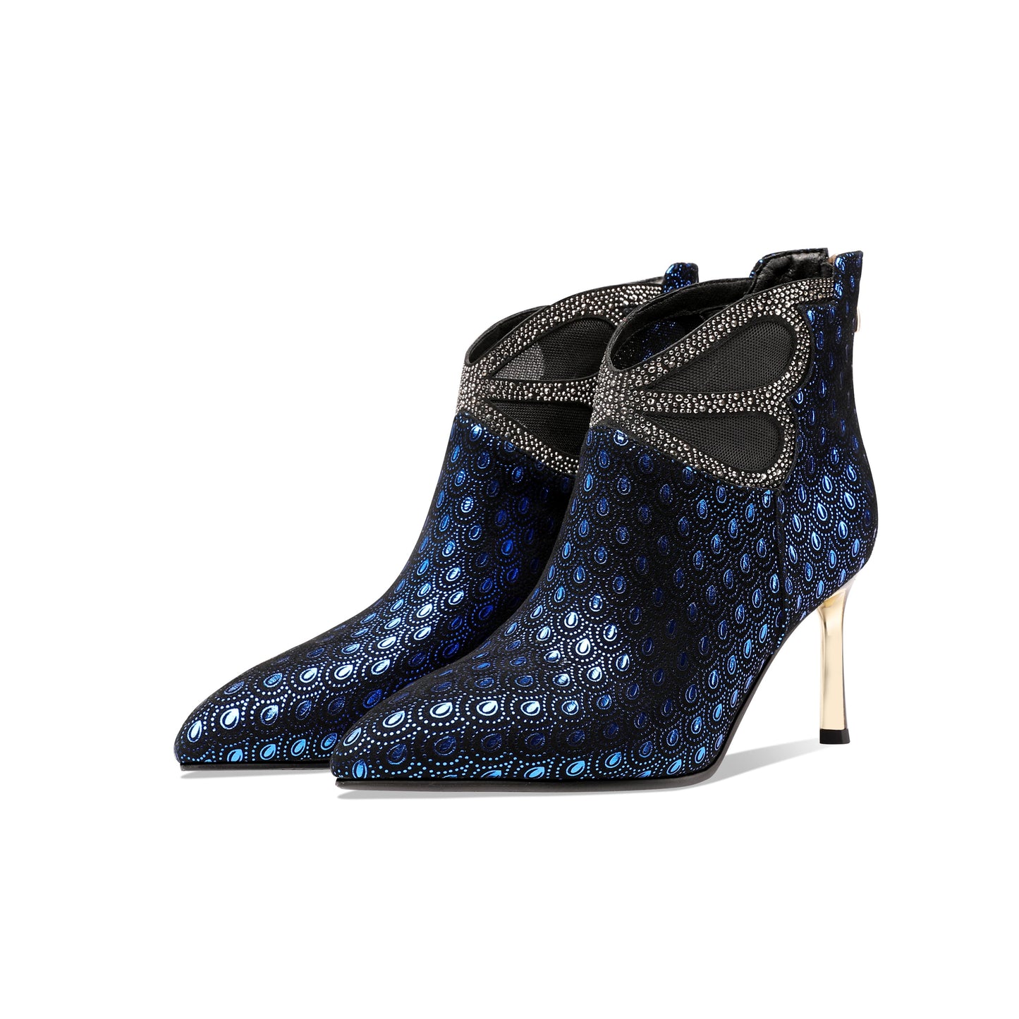 Nine Seven Women's Handmade Leather Metal Stiletto Heel Back Zip Up Pointed Toe Ankle Boots with Glitter Rhinestone