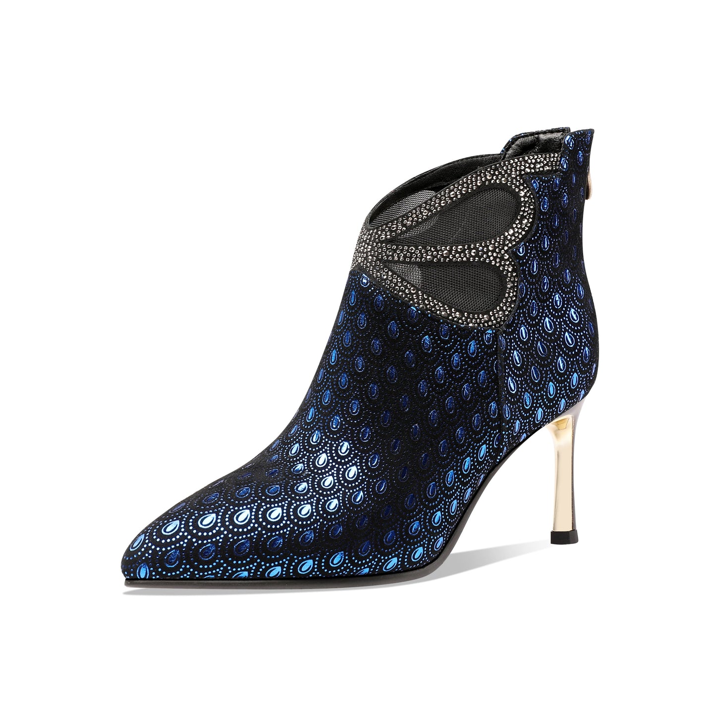 Nine Seven Women's Handmade Leather Metal Stiletto Heel Back Zip Up Pointed Toe Ankle Boots with Glitter Rhinestone