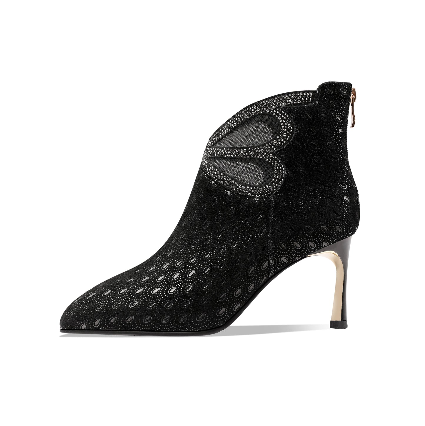 Nine Seven Women's Handmade Leather Metal Stiletto Heel Back Zip Up Pointed Toe Ankle Boots with Glitter Rhinestone