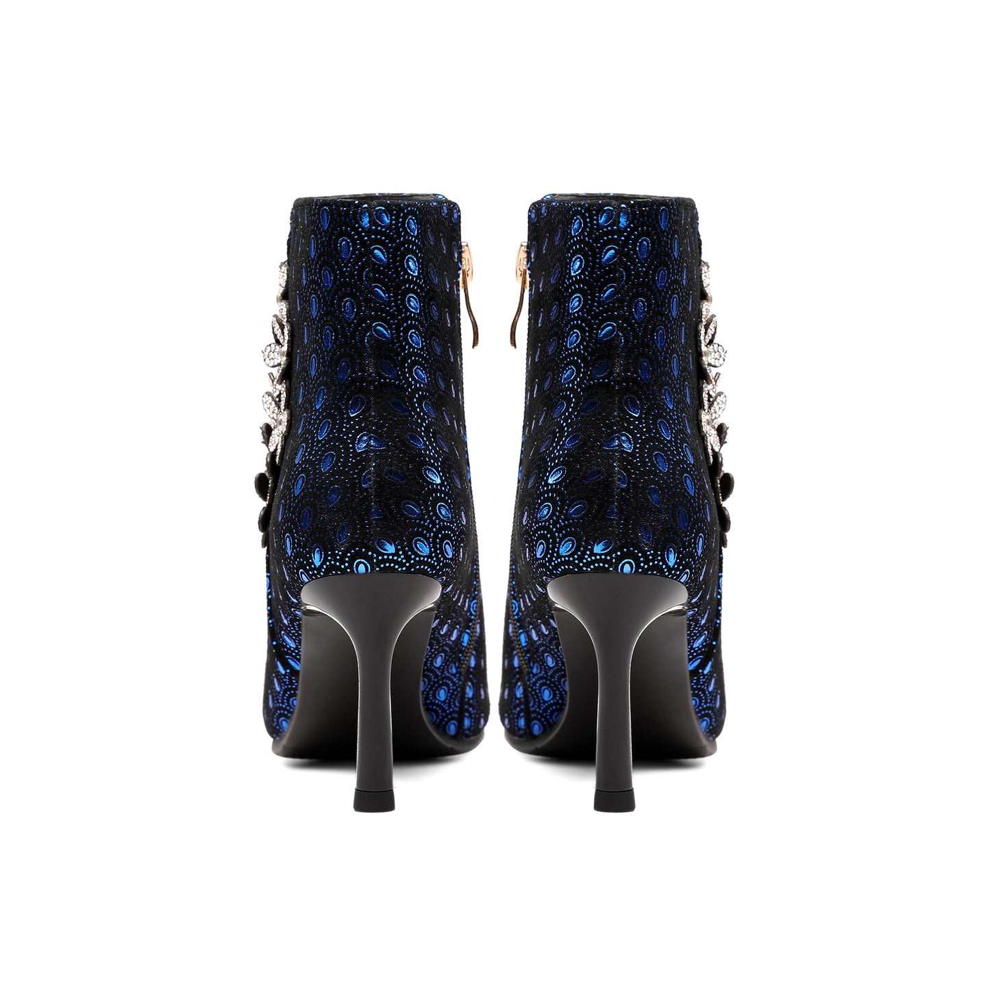 Nine Seven Women's Handmade Leather Sexy Metal Heel Side Zip Up Pointed Toe Ankle Boots with Rhinestone Flower