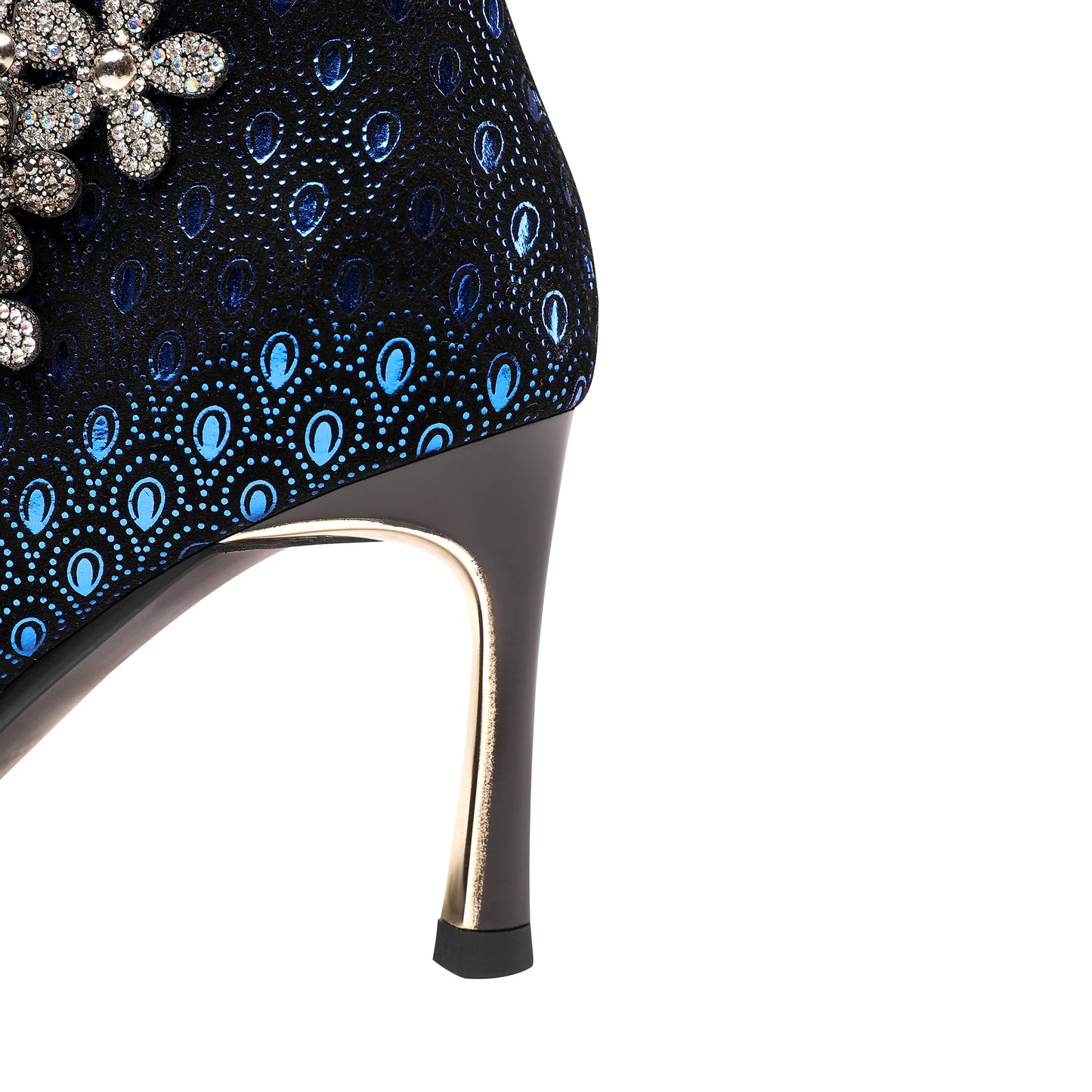 Nine Seven Women's Handmade Leather Sexy Metal Heel Side Zip Up Pointed Toe Ankle Boots with Rhinestone Flower