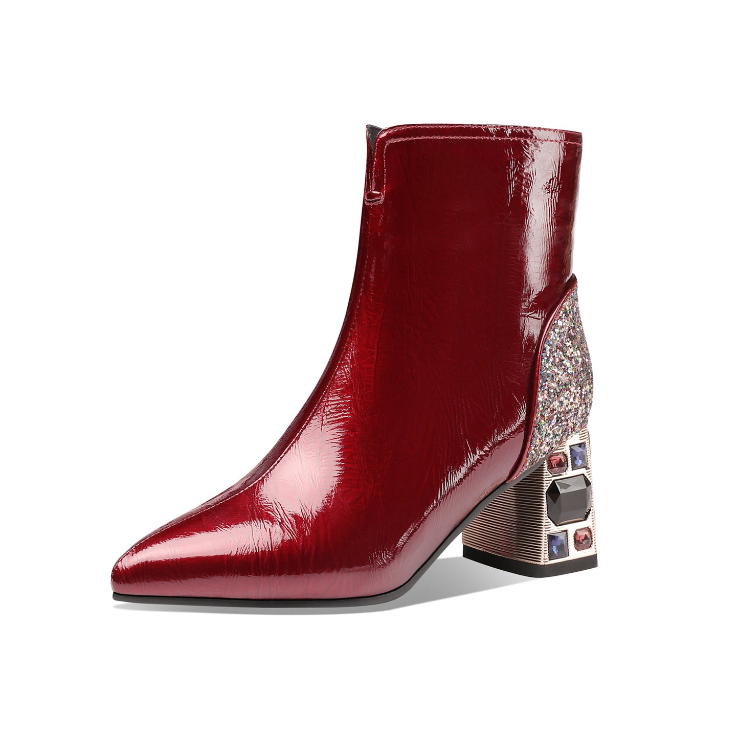 Nine Seven Women's Handmade Patent Leather Clear Pointed Toe Crystal Decor Chunky Heel Side Zip Sparkling Glitter Ankle Boots