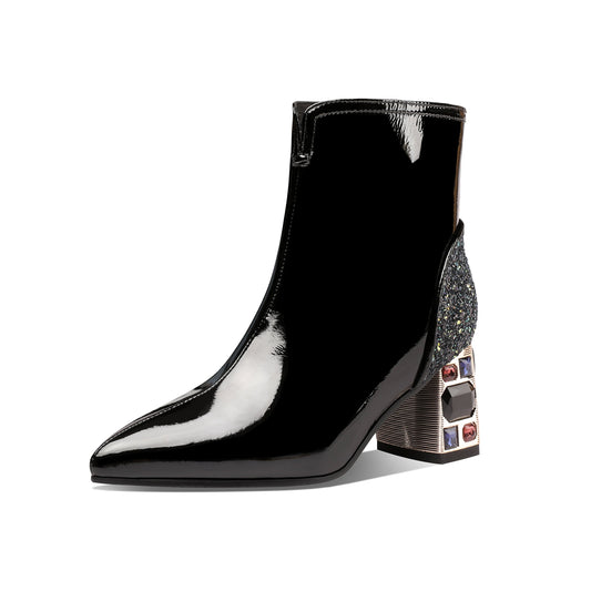 Nine Seven Women's Handmade Patent Leather Clear Pointed Toe Crystal Decor Chunky Heel Side Zip Sparkling Glitter Ankle Boots