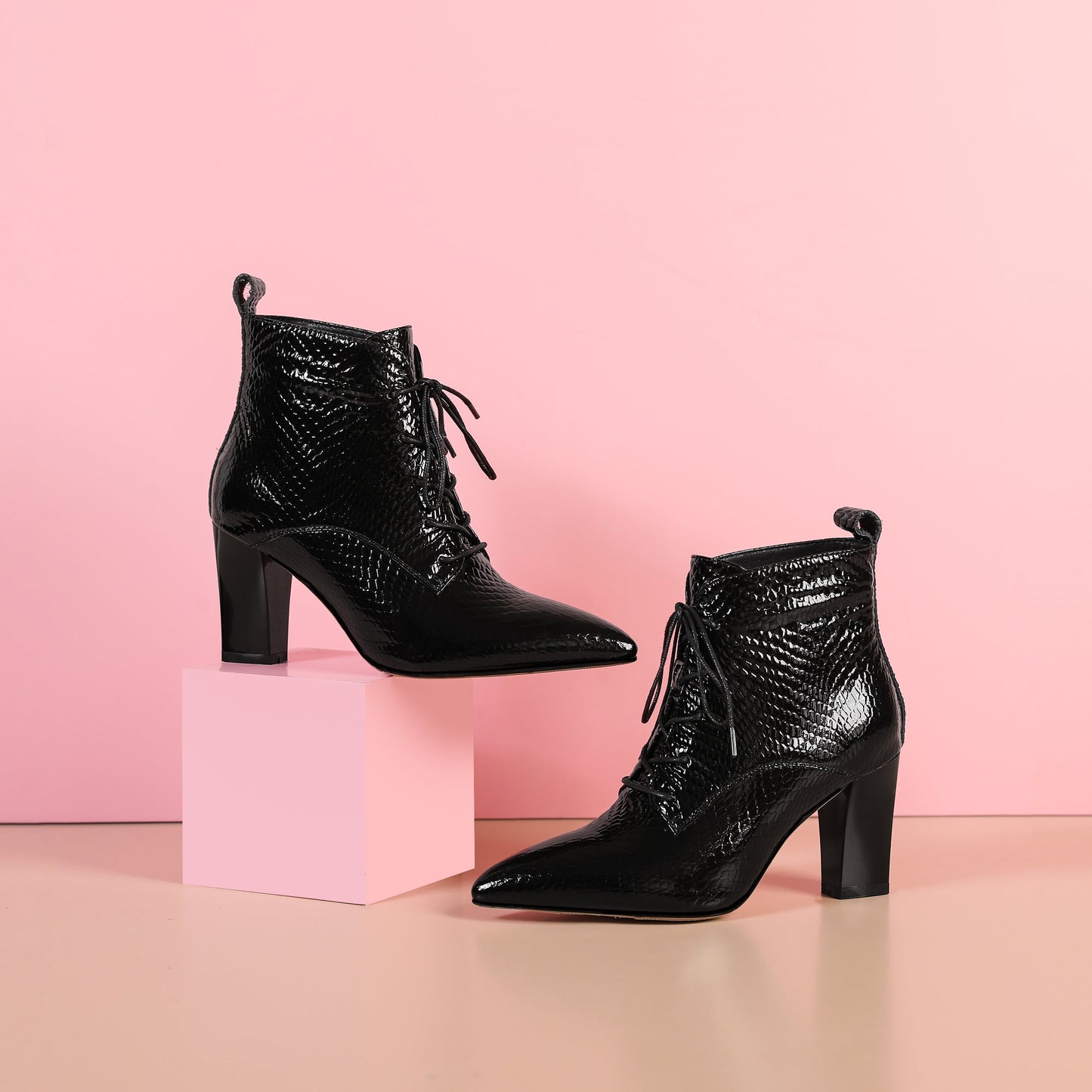 Nine Seven Women's Genuine Leather Handmade Pointed Toe Chunky Heel Lace Up Stylish Ankle Boots