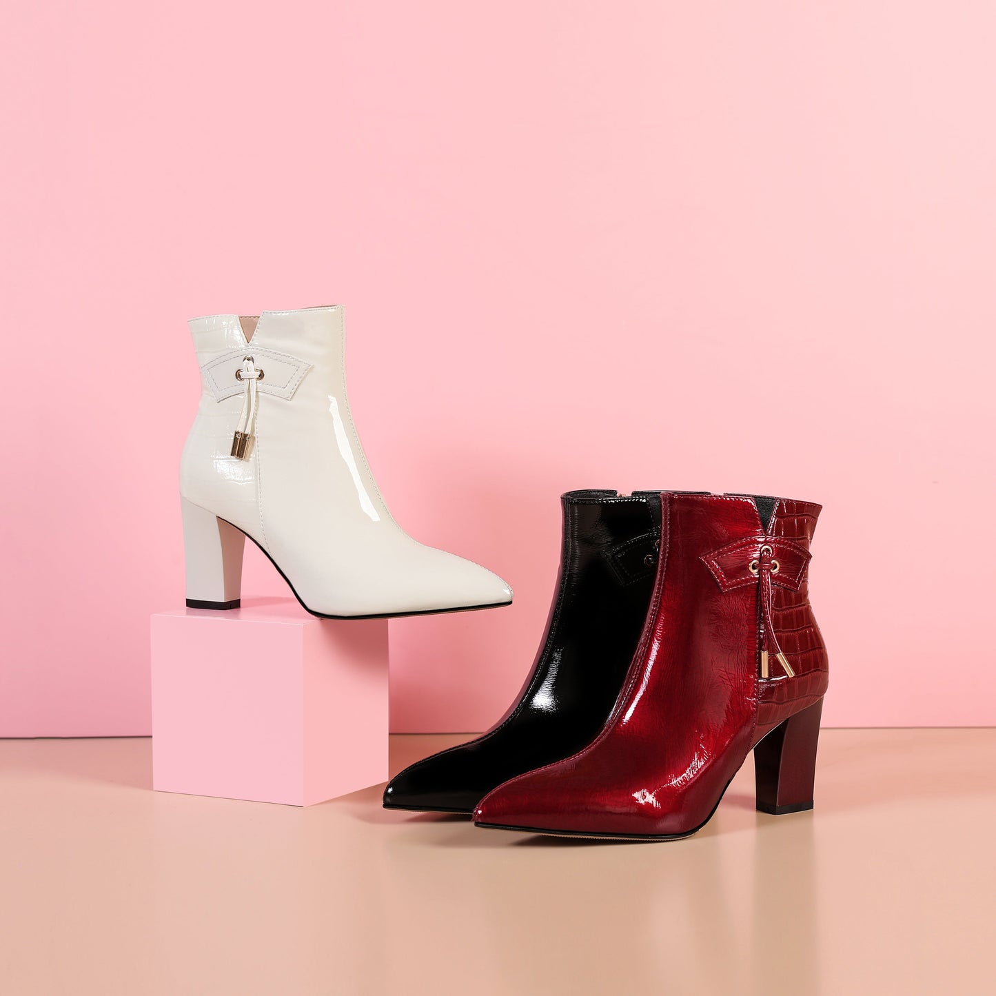 Nine Seven Women's Patent Leather Handmade Chunky Heel Pointed Toe Side Zip Up Glossy Ankle Booties