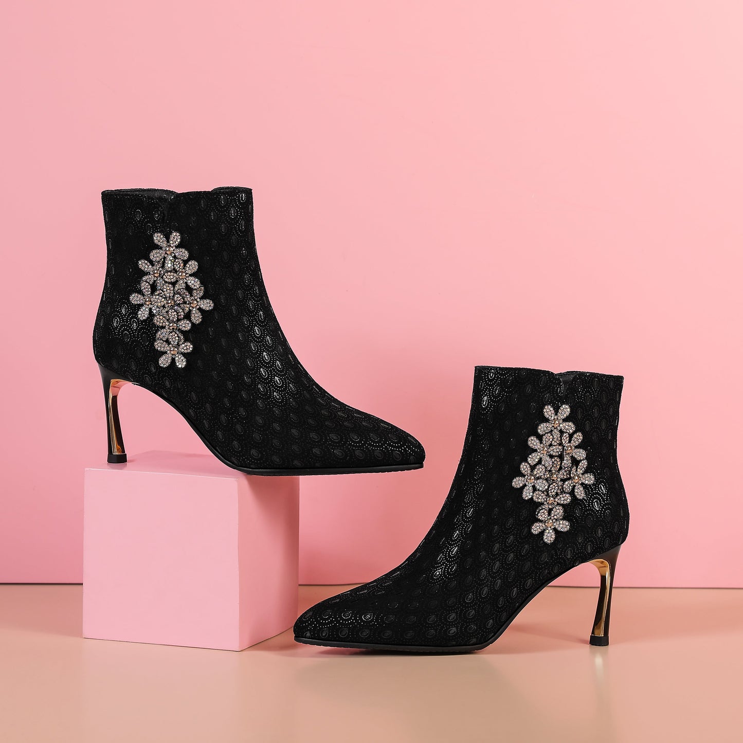 Nine Seven Women's Handmade Leather Sexy Metal Heel Side Zip Up Pointed Toe Ankle Boots with Rhinestone Flower