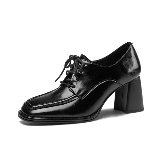 Nine Seven Women's Genuine Leather Handmade Lace Up Mid Chunky Heels Stylish Pumps Shoes