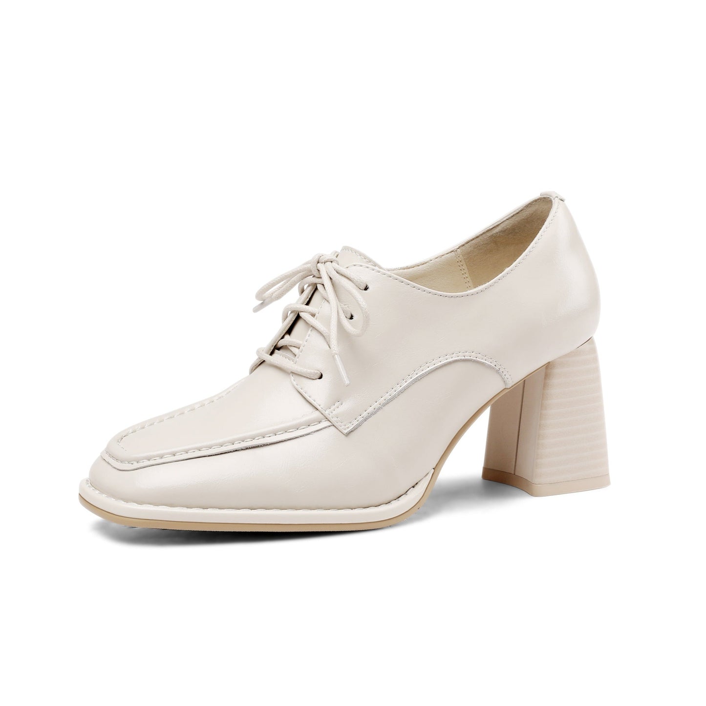 Nine Seven Women's Genuine Leather Handmade Lace Up Mid Chunky Heels Stylish Pumps Shoes