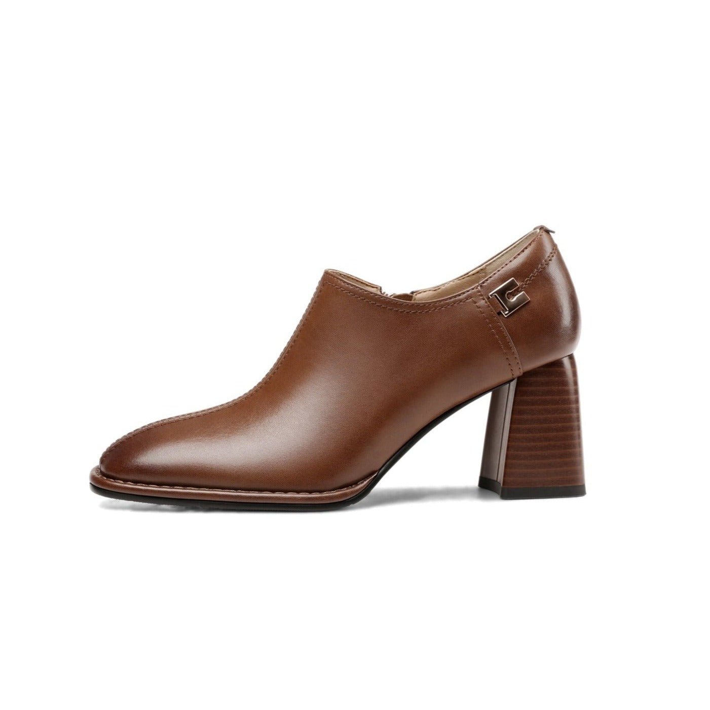 Nine Seven Women's Square Toe Genuine Leather Handmade Side Zipper Mid Chunky Heel Retro Pumps Shoes